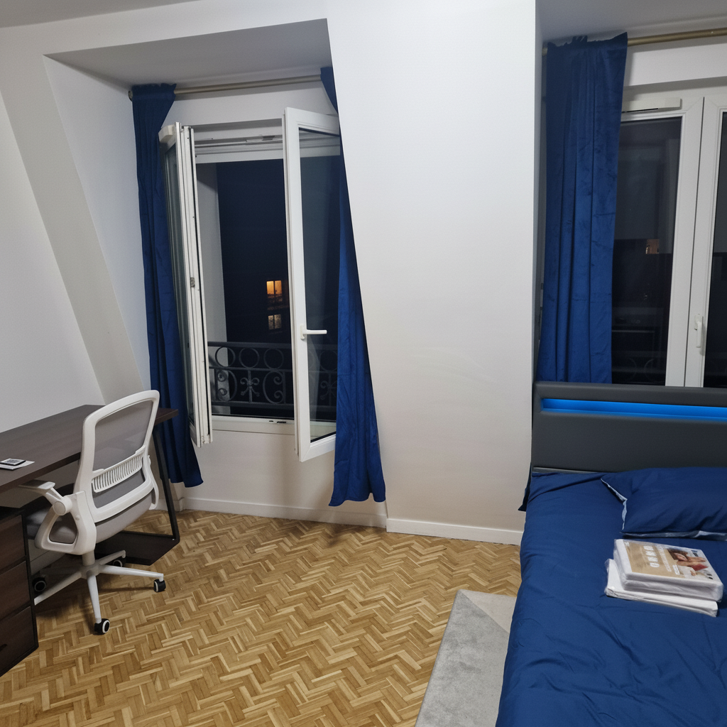 Salle de bain — baignoire, lave-linge, carrelage bleu — Garden Cluny Studio